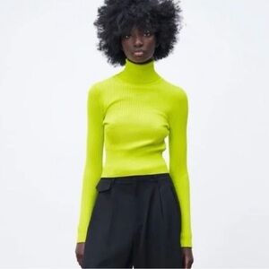 ZARA Limited Edition Neon Green Ribbed Knit Sweater.
